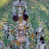 Bronze chandelier with grapevines of amber purple crystal color 6 branches