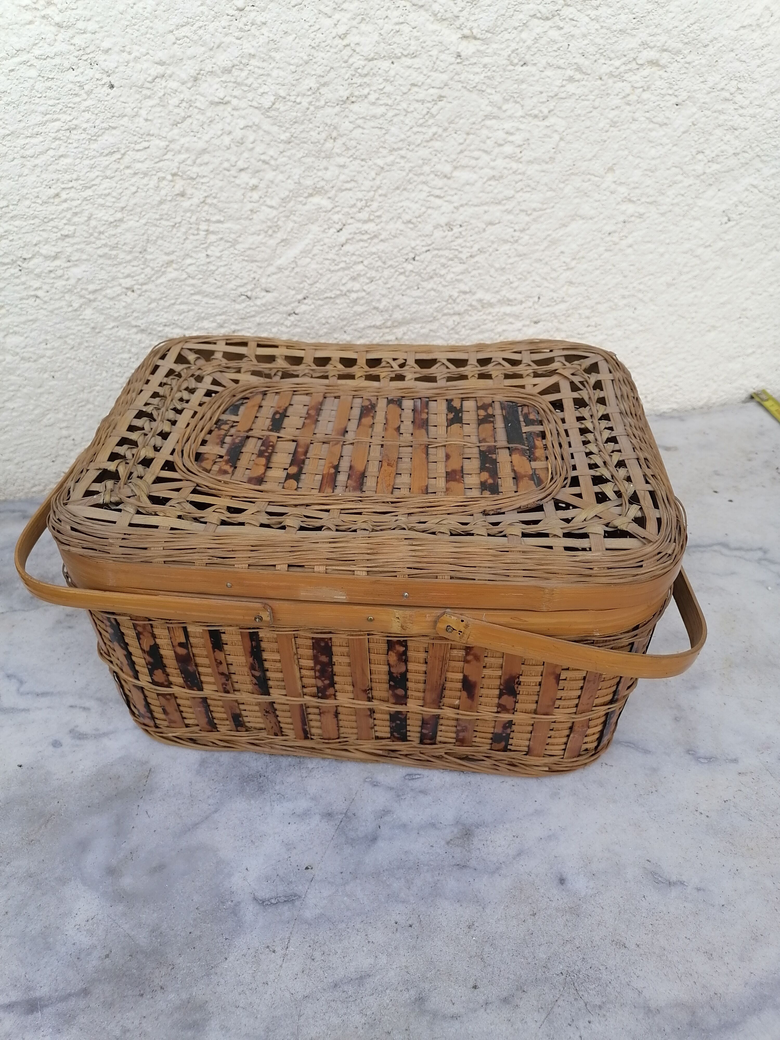 Small vintage basket suitcase wicker splices