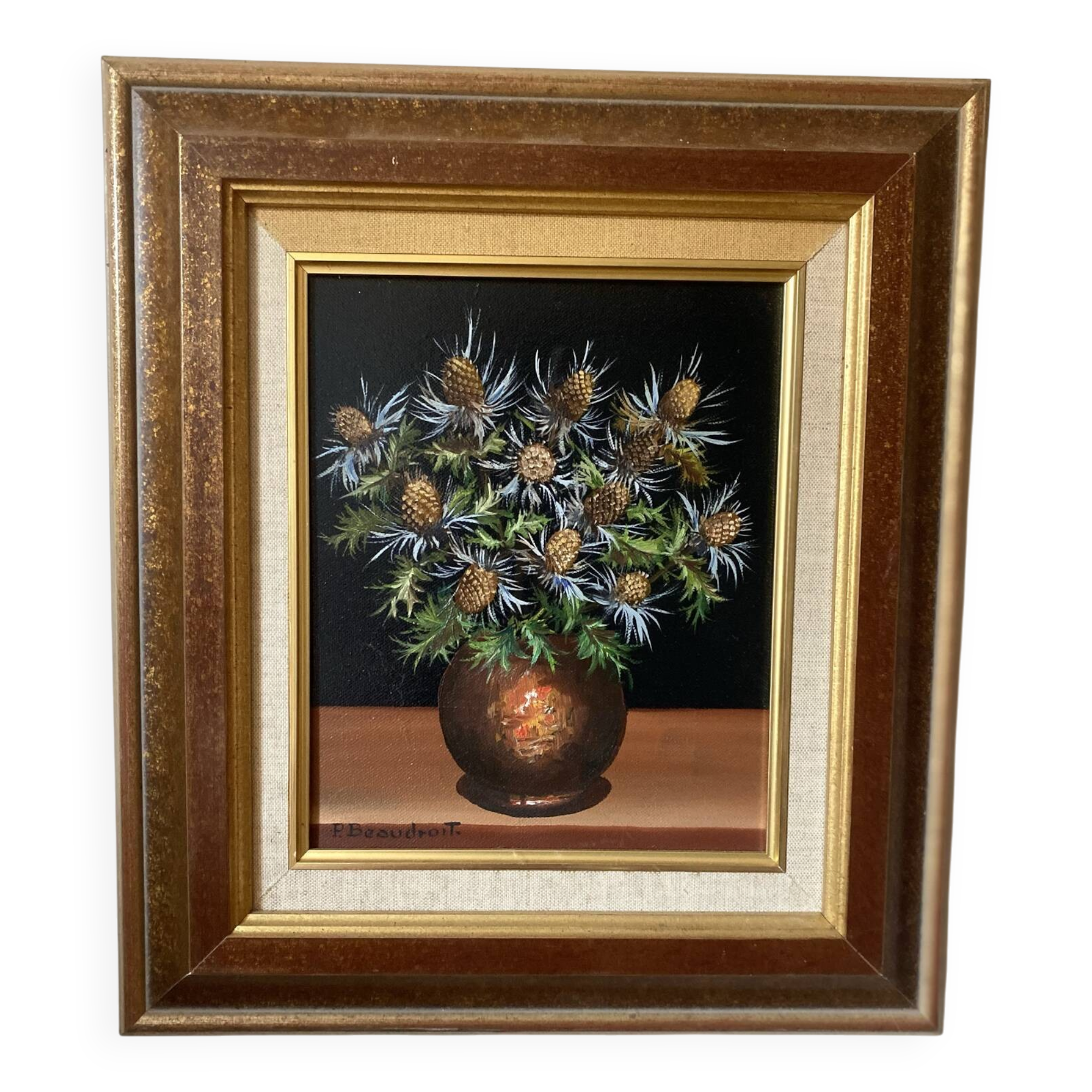 Still life with thistles, oil on canvas signed P. Beaudroit, 1992