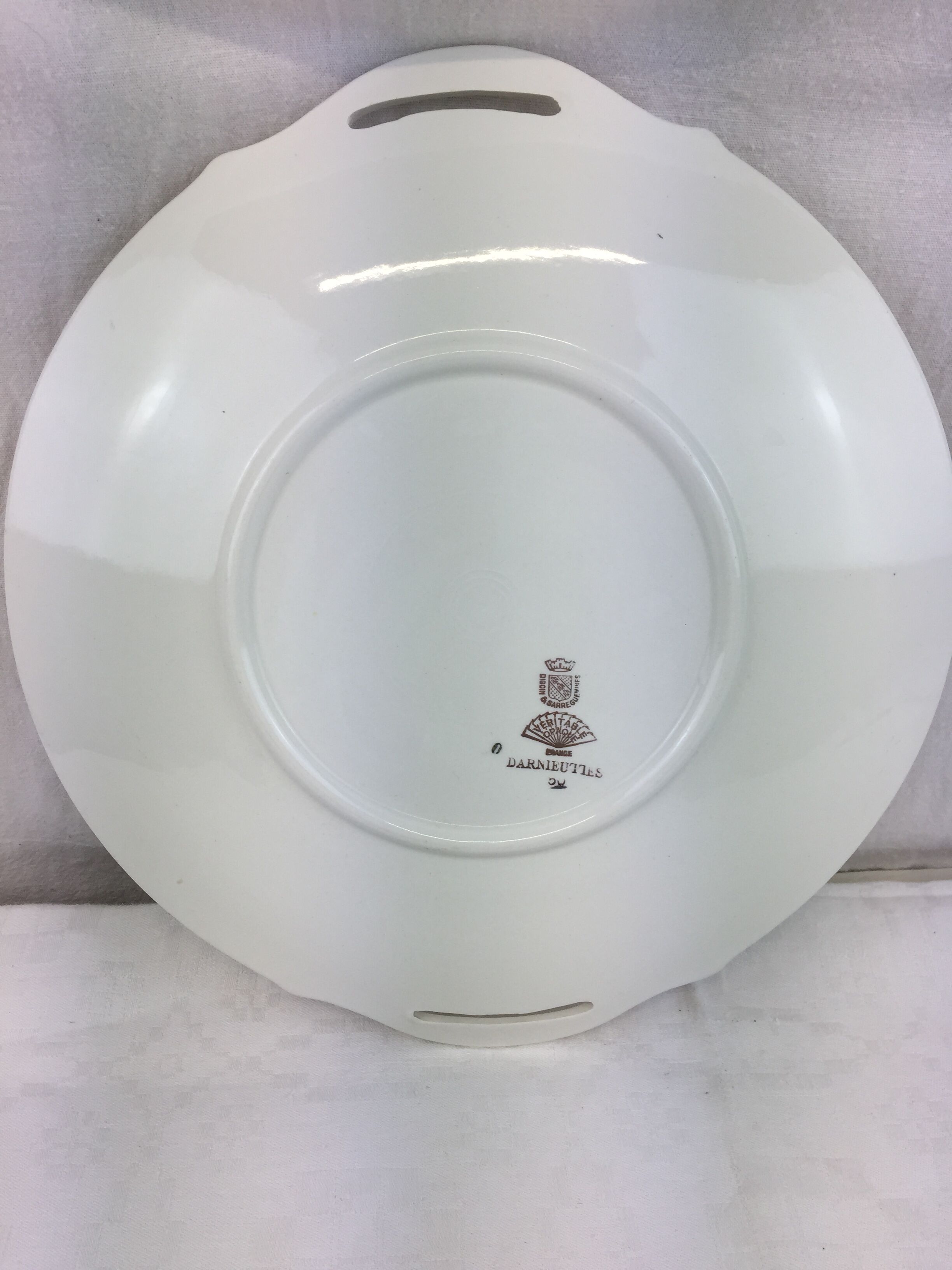 Round dish with white and gold handles made in France Digoin Sarreguemines