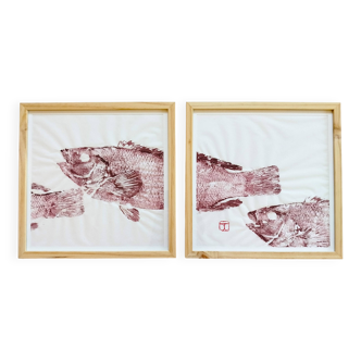 Gyotaku dyptique d'un banc de vieilles