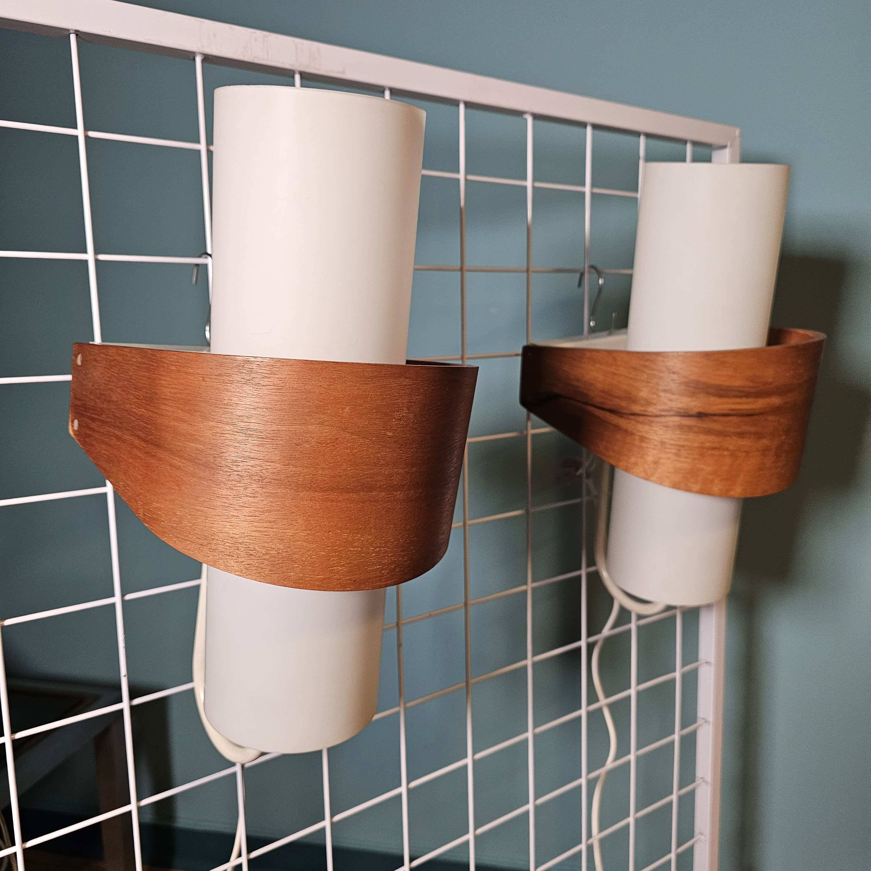 Louis kalff (1897-1976) for philips, pair of nx40 wall lights in wood, opaline glass, and lacquered metal,