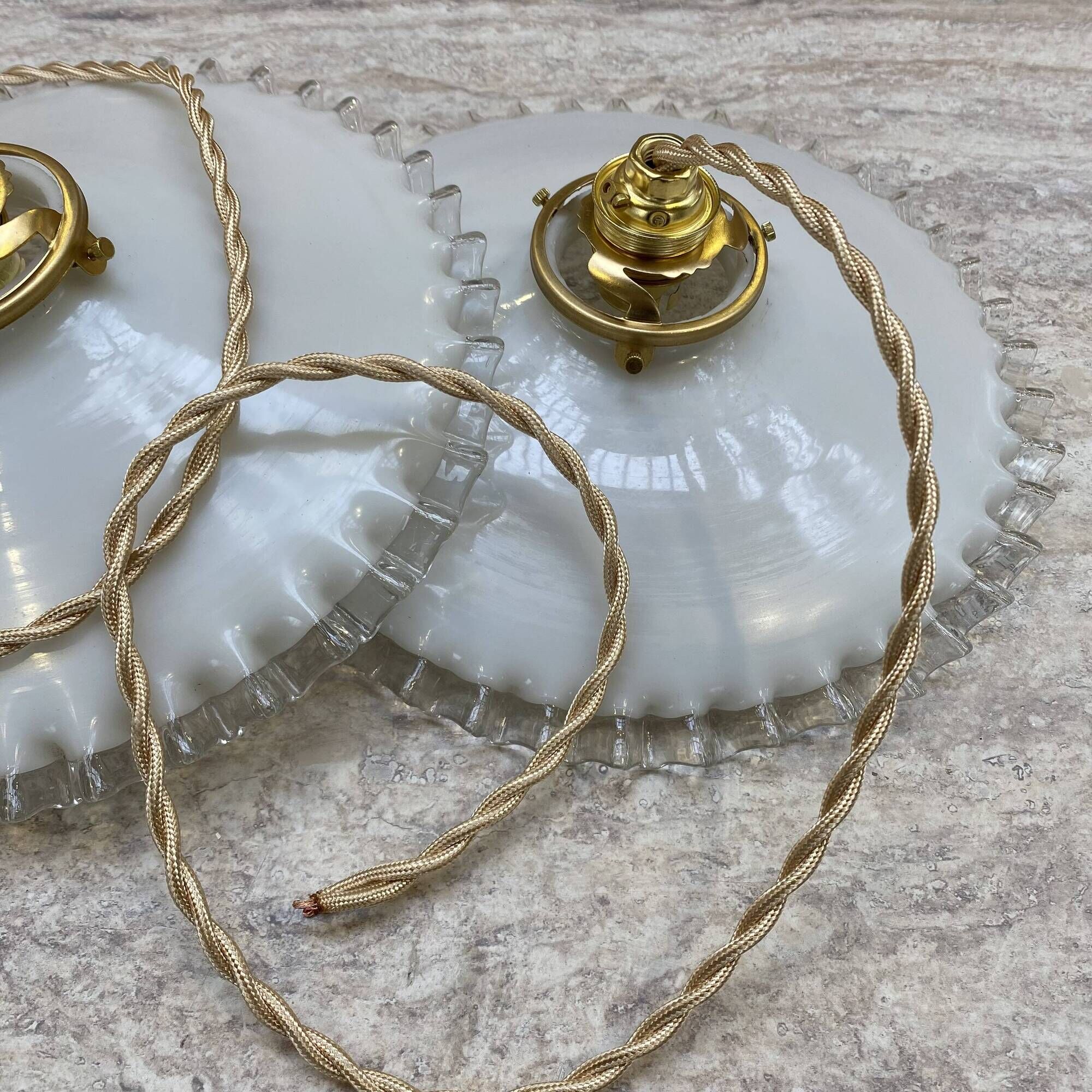 Pair of vintage pendant lights in white opaline and transparent serrated edges