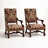 Pair of flat-back armchairs in walnut, Louis XIV style.