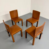 4 camel leather chairs, postmodern design by Paolo Piva for B&B Italia Arcadia.