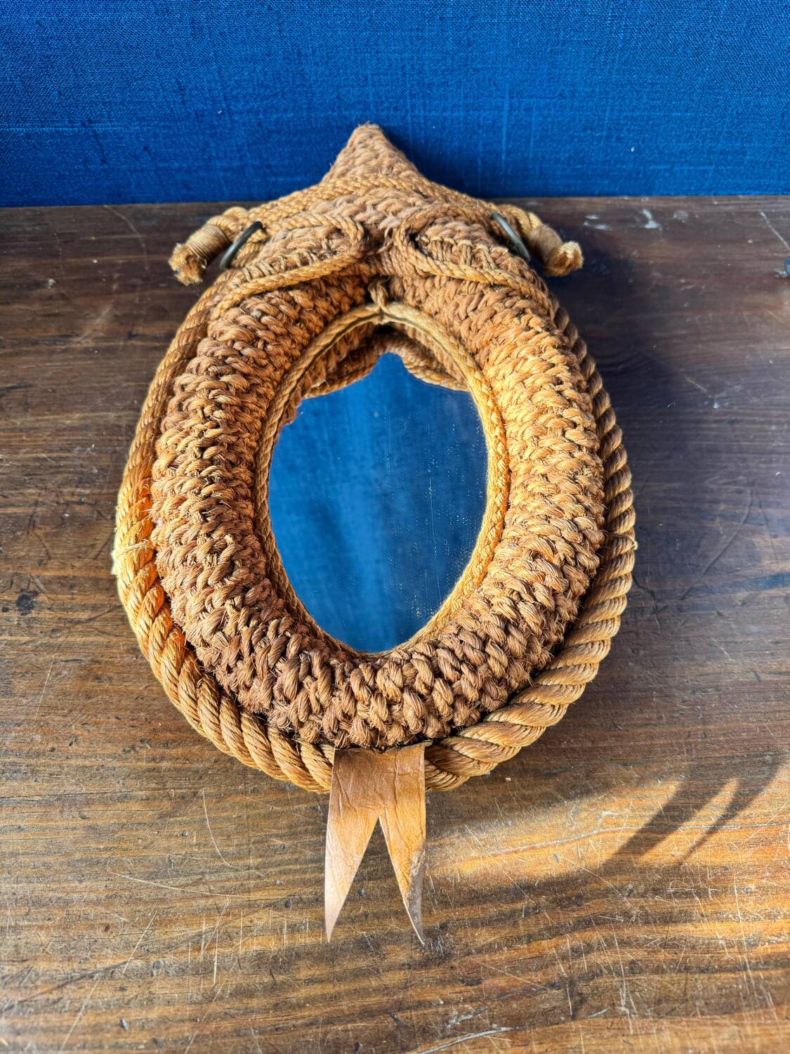 Vintage Audoux-Minet mirror. 1950s. Rope/hemp/leather