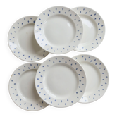 6 assiettes plates vintage en faïence blanche – décor fleurs de lys bleu