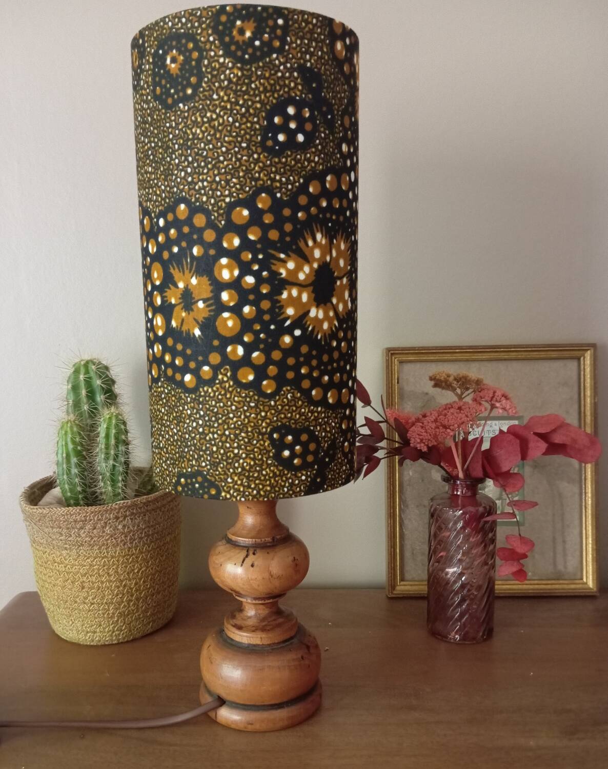 Vintage turned wood table lamp, ethnic chic wax drum lampshade
