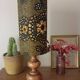 Vintage turned wood table lamp, ethnic chic wax drum lampshade