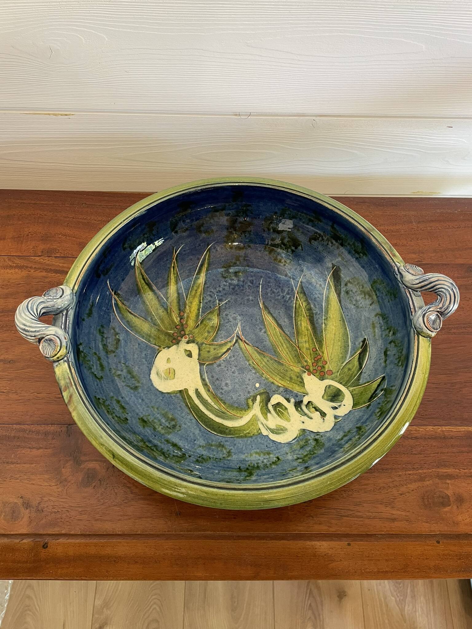 Large Dish with Handles in Handmade Ceramic - Hand-Painted Floral Decoration
