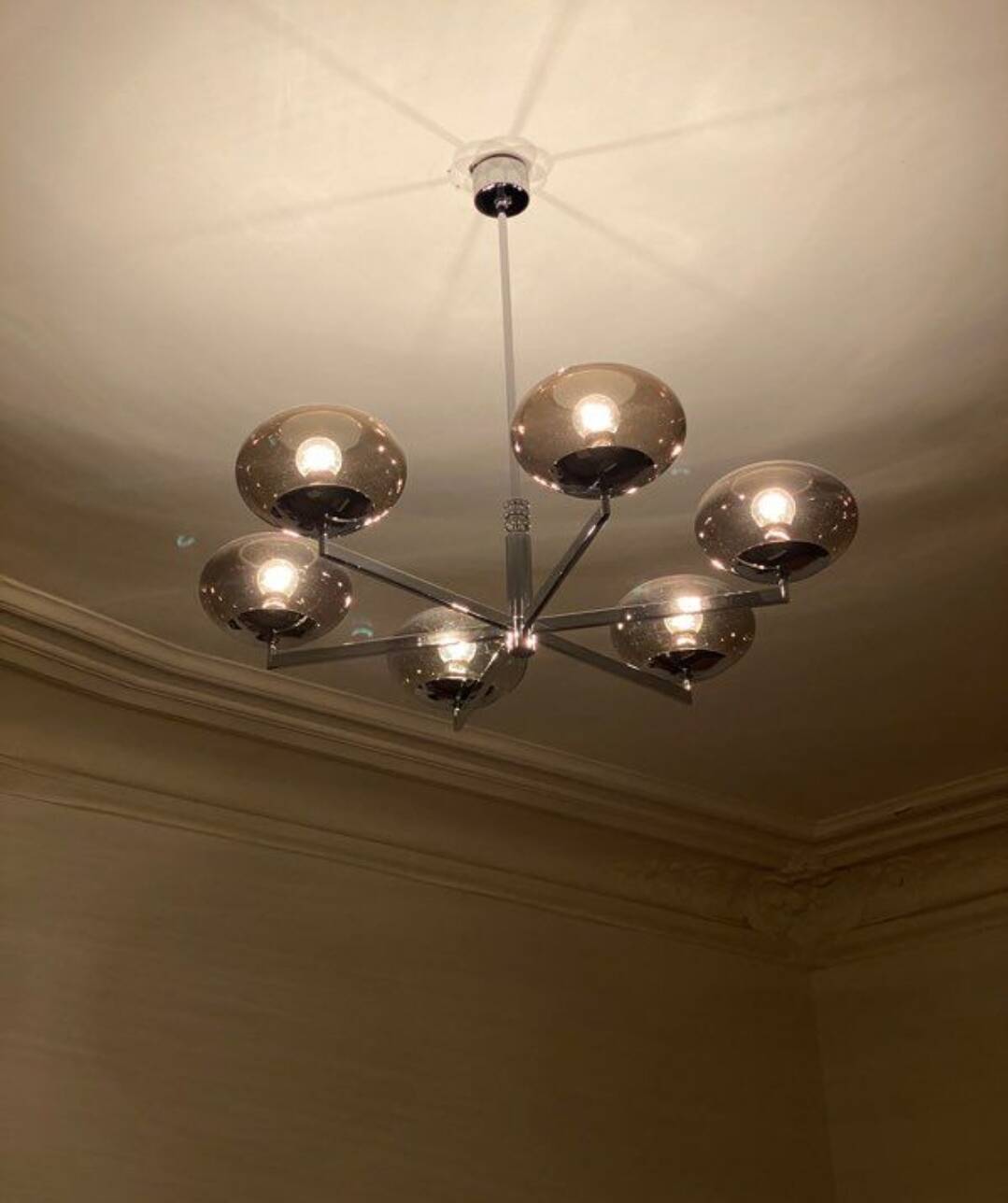 6-light chandelier  Sciolari, chrome and smoked glass