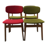 Set of 4 multicoloured wooden office chairs from the 1960s, Mid-Century style, with upholstered seats.