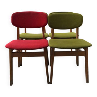 Set of 4 multicoloured wooden office chairs from the 1960s, Mid-Century style, with upholstered seats.