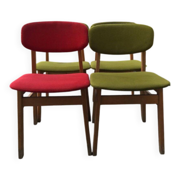 Set of 4 multicoloured wooden office chairs from the 1960s, Mid-Century style, with upholstered seats.