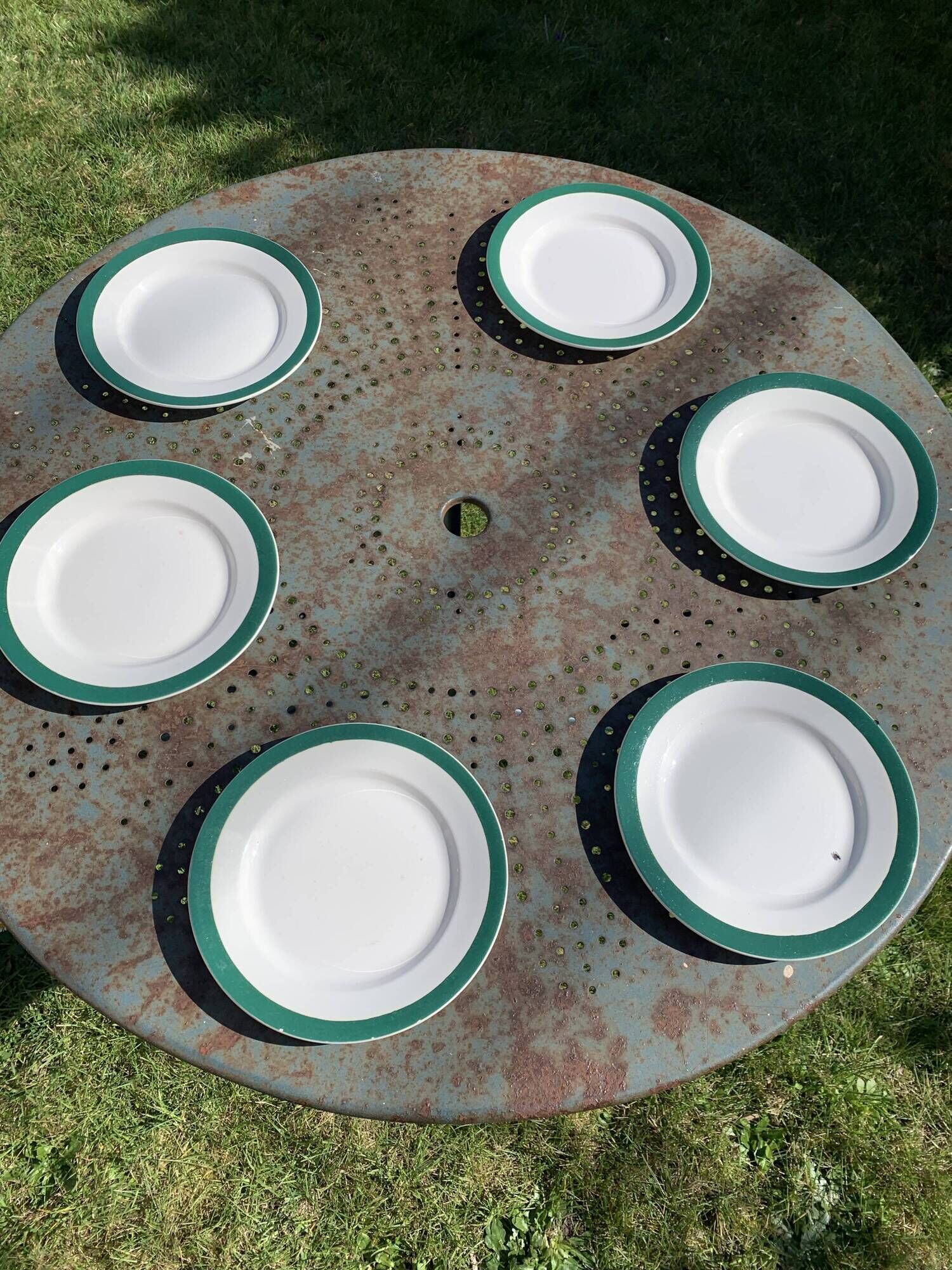 6 flat antique earthenware plates with dark green edging Digoin sarreguemines old france