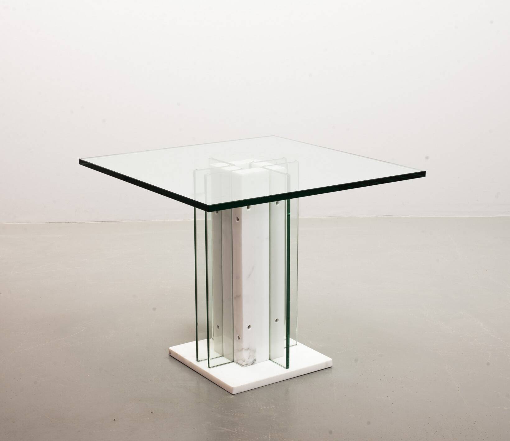 White Marble Italian Square Side Table with Glass Top and Lighting Option