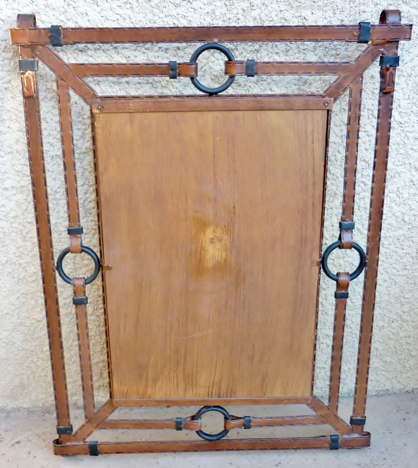 Metal mirror, wrought iron imitation leather straps and horse harness