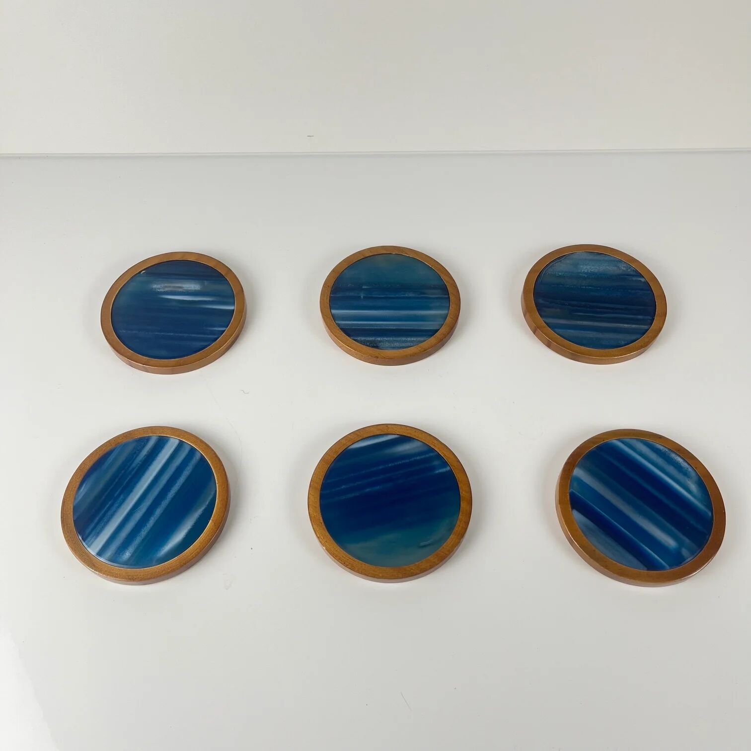 Set of 6 blue agate and wood coasters, mid-century modern.