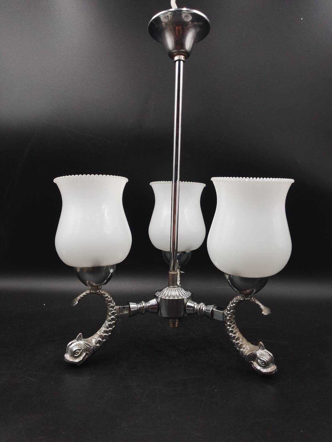 Vintage lamp 70/80 chrome dolphin fish chandelier and 3 opaline arms
