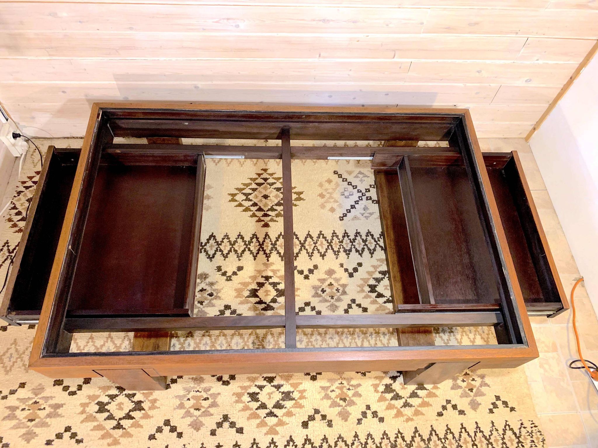 Rosewood coffee table, with black glass top, Brazil 1970