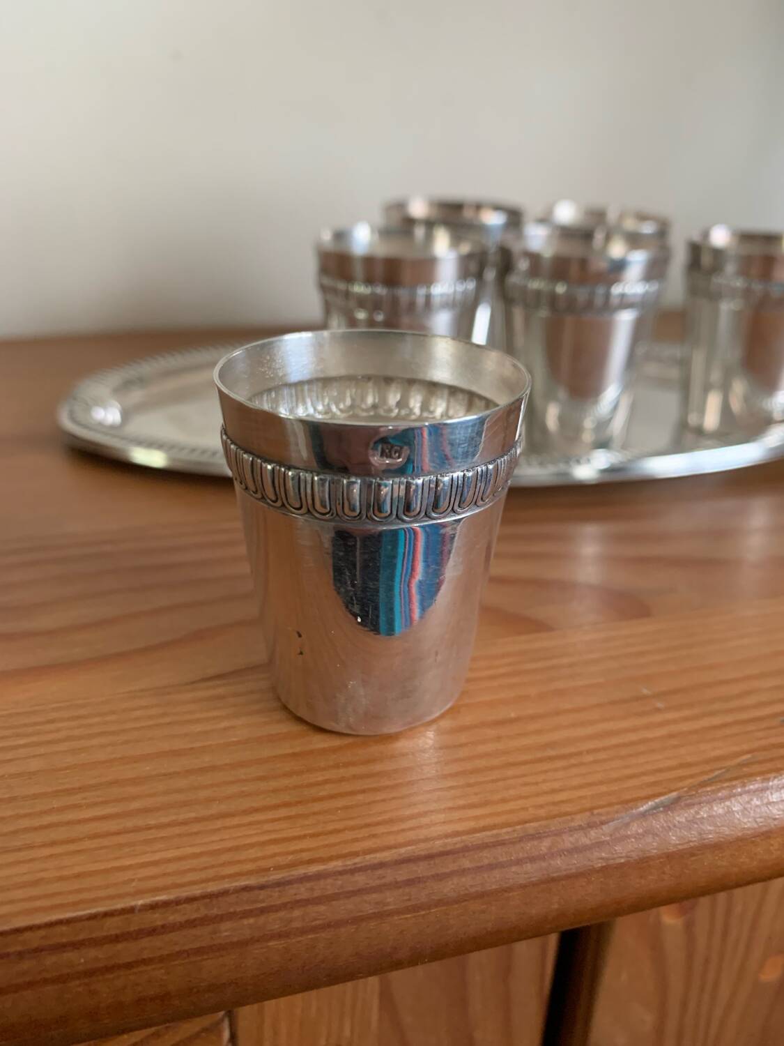 Vodka shot liqueur service in vintage silver metal