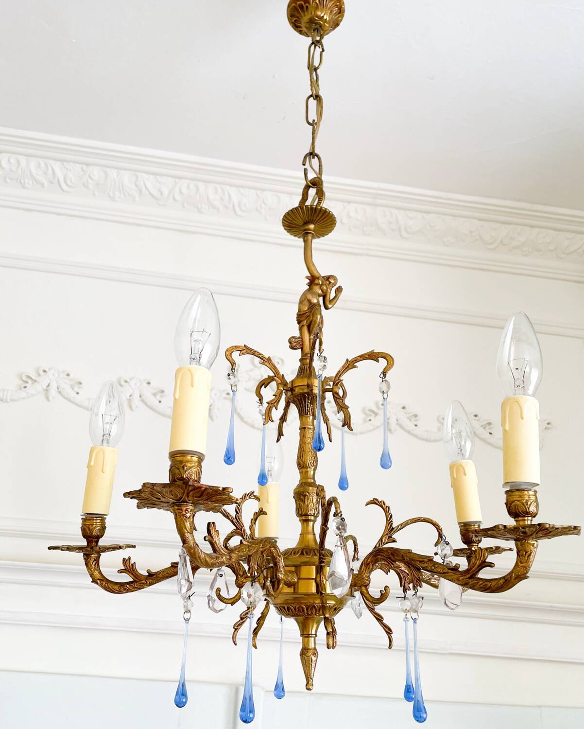 Élégant lustre vintage en bronze avec pampilles Murano bleu saphir – 5
