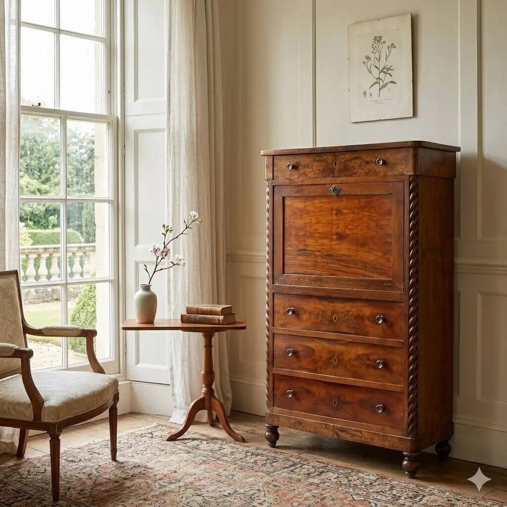 Antique mahogany secretary with leather, Italy, 19th century