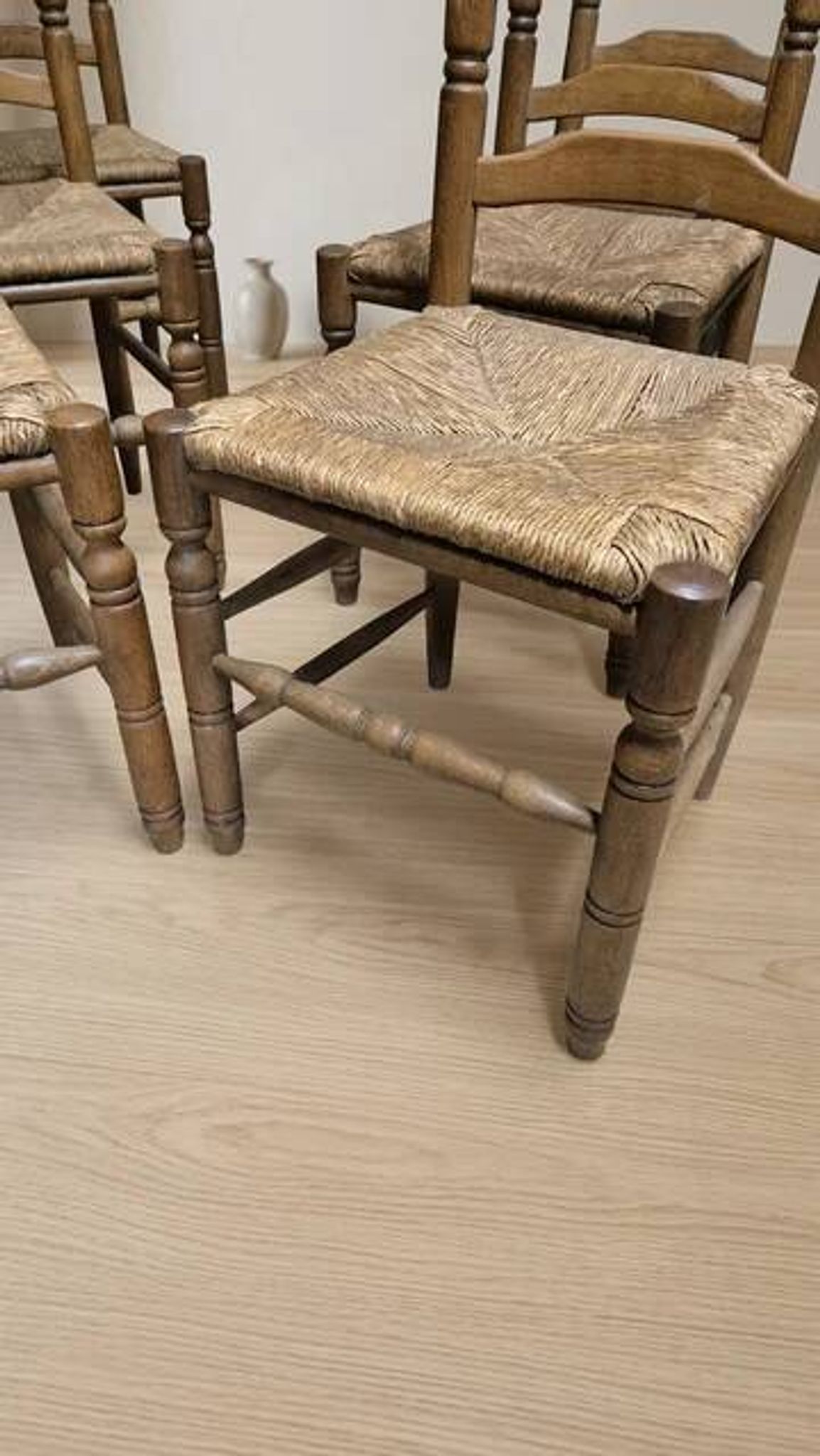 Set of 6 vintage wooden ladder-back dining chairs with woven seats