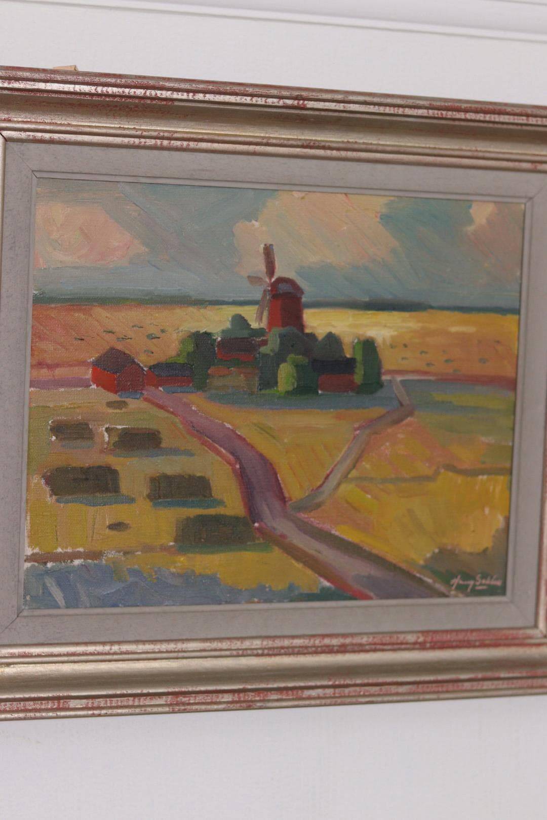 Huile sur toile originale suédoise – « Paysage avec moulin à vent » par Harry Sahlin