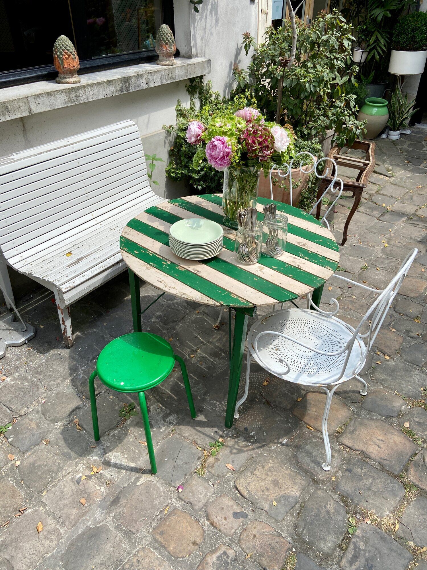 Table de jardin pliante en bois vert et beige ⌀ 95 cm