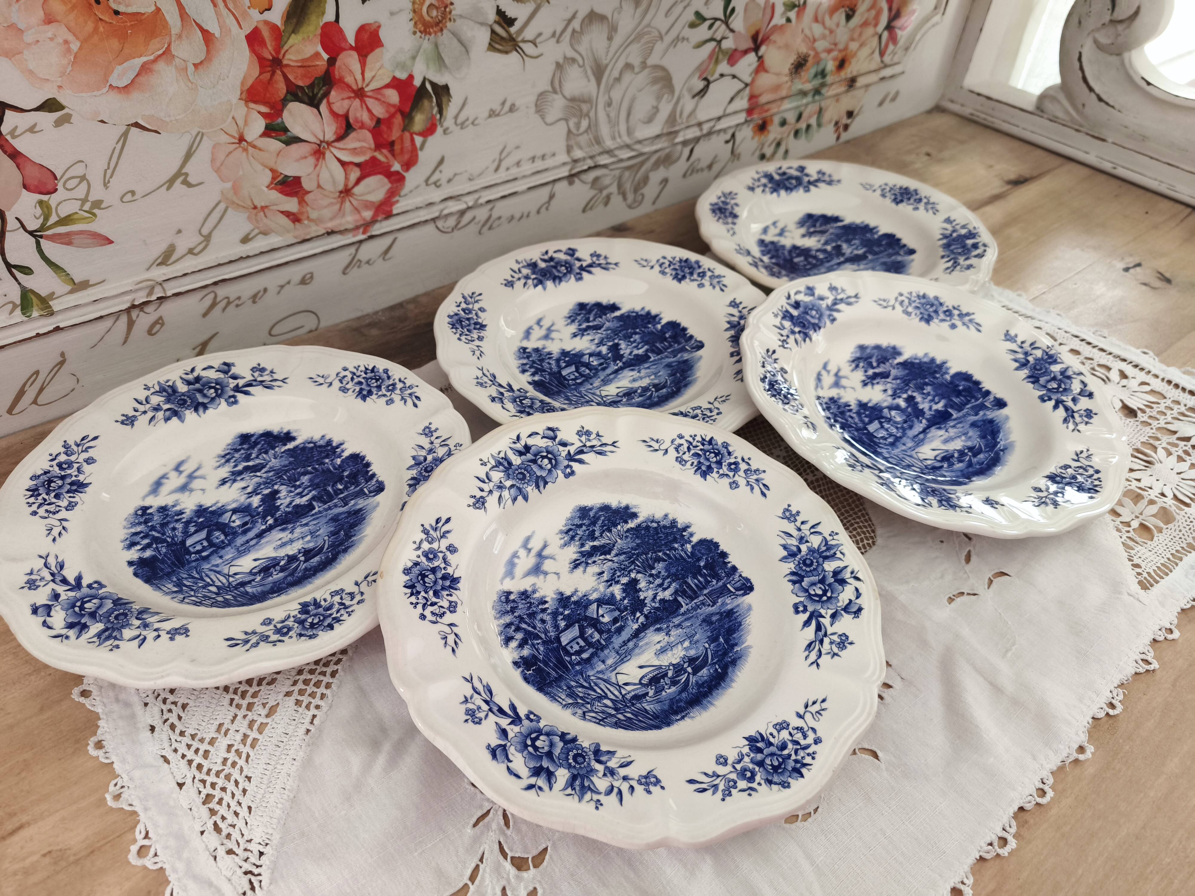 Lot de 5 assiettes creuses Sarreguemines modèle Romantic bleu