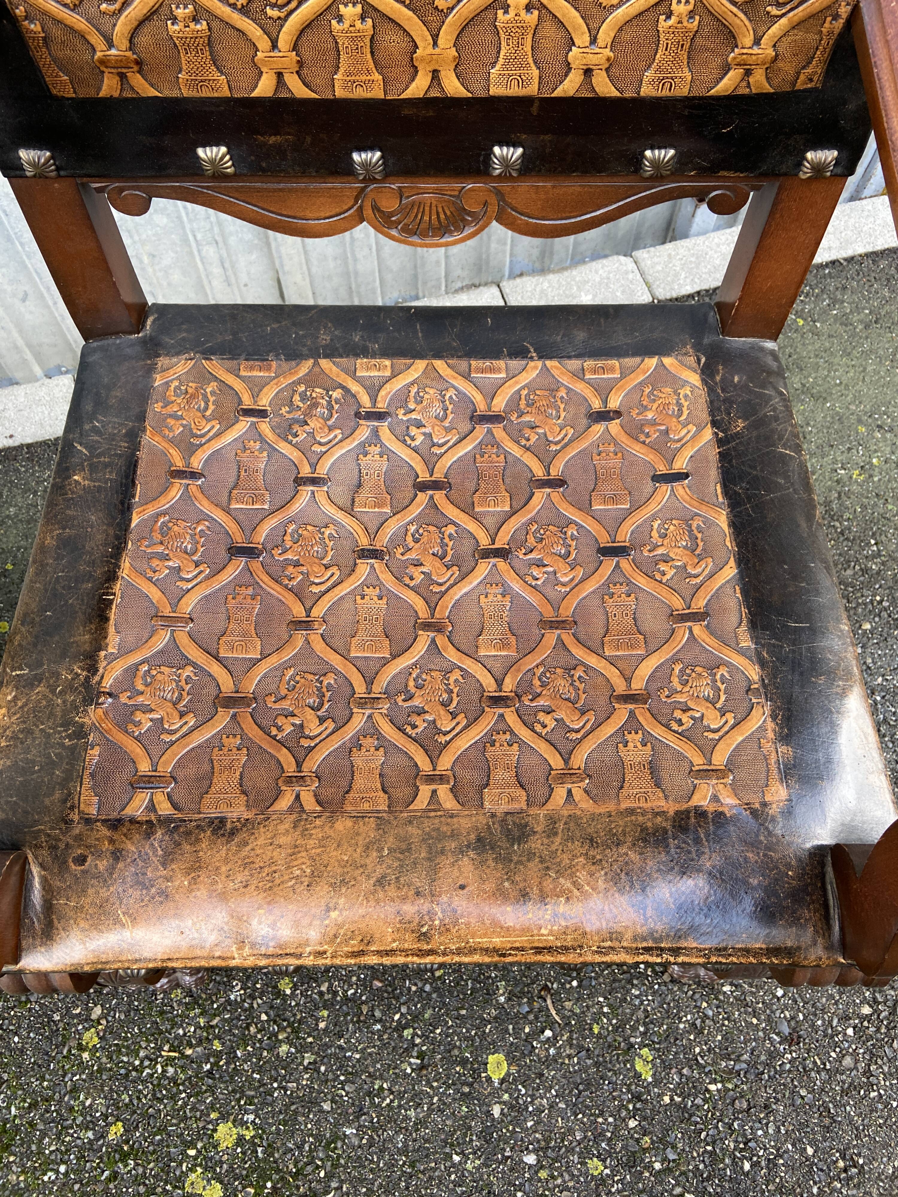 Pair of Throne Armchairs Spanish Renaissance style French Spanish armchair leather from Cordoba 1960s