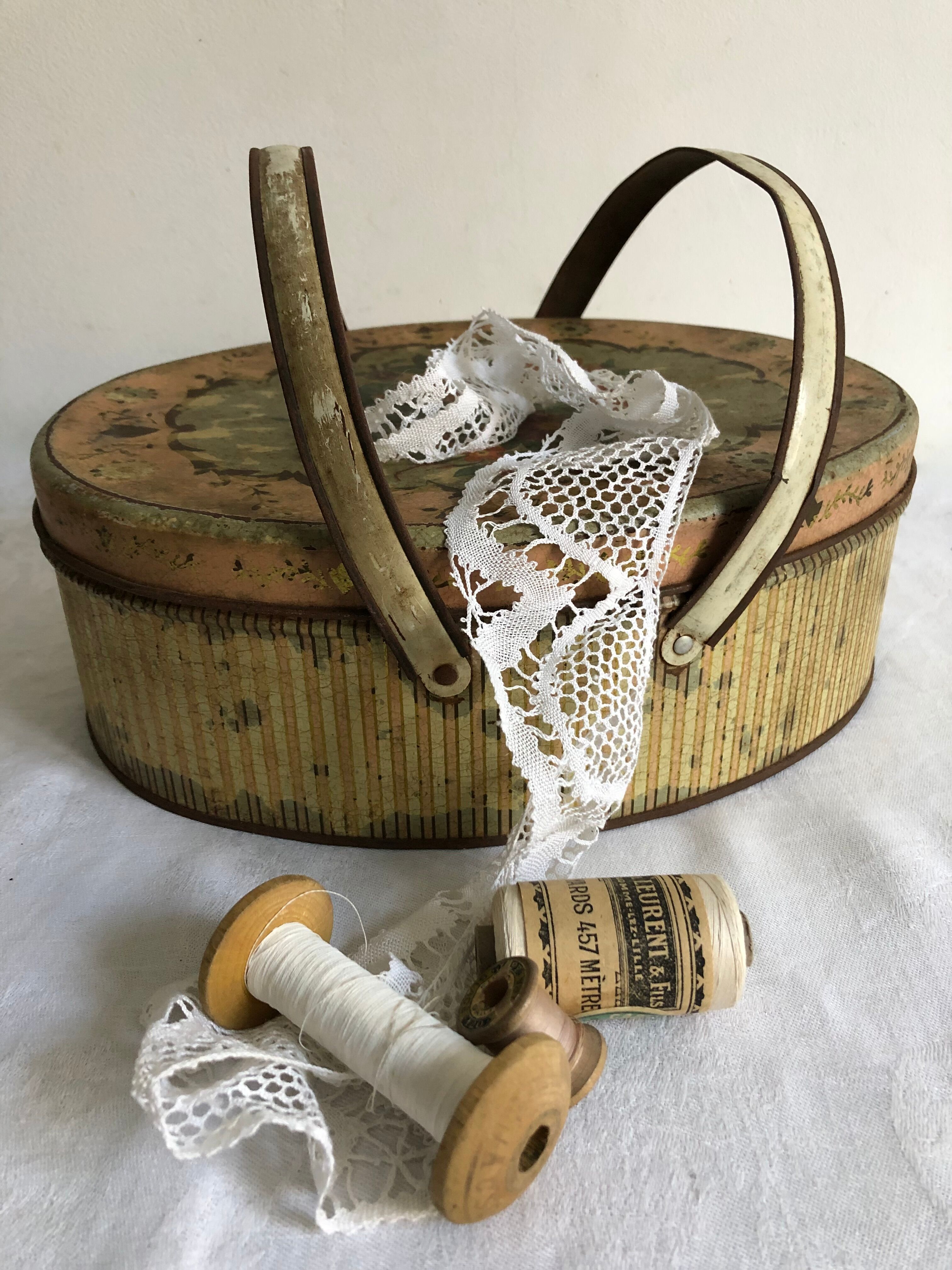 Sewing box, lithographed sheet metal box