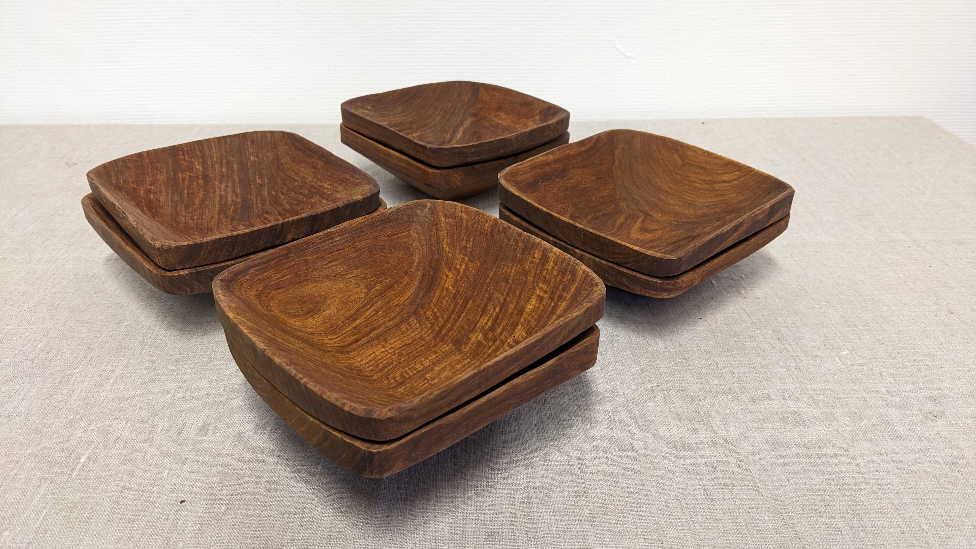 Set of 8 Scandinavian olive wood ramekins, France circa 1960.