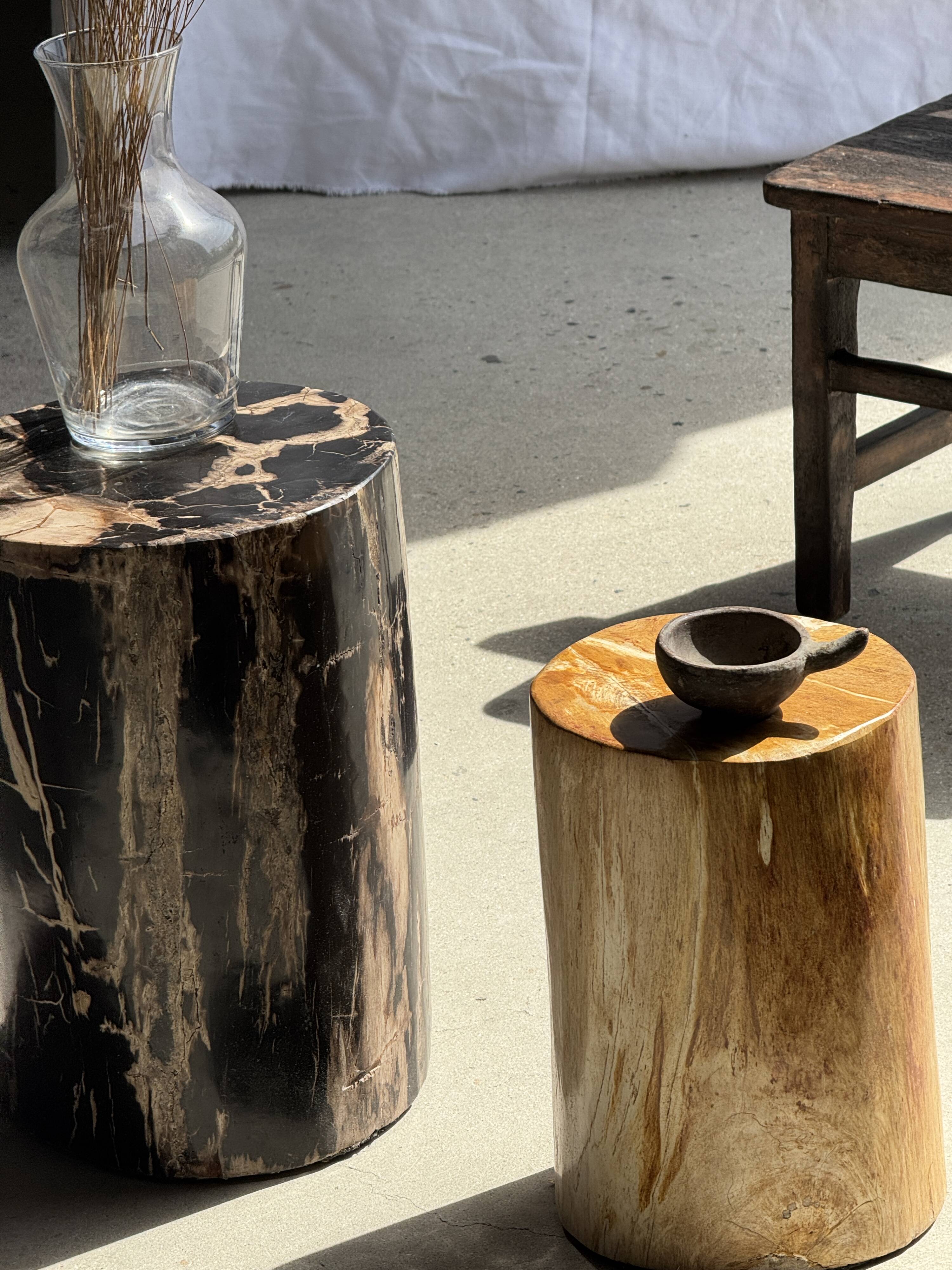 Black petrified wood side table with beige stripes and a semicircular shape.