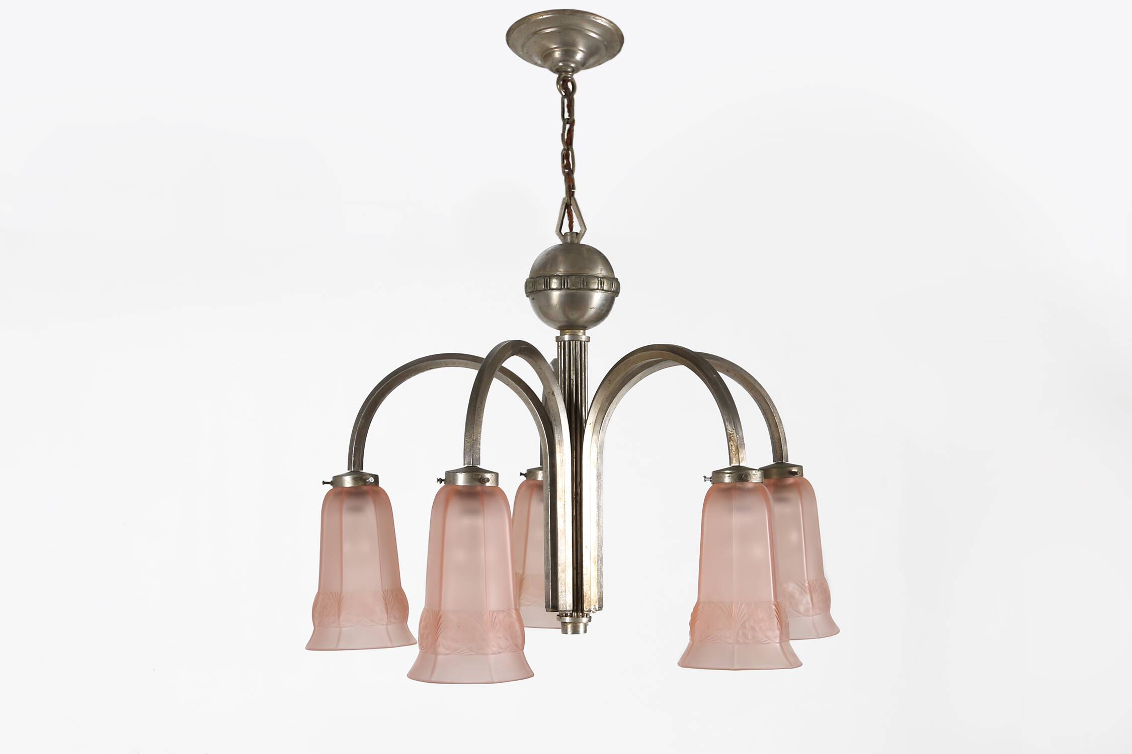 Art Deco chandelier with etched pink glass shades, Belgium 1930s