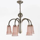 Art Deco chandelier with etched pink glass shades, Belgium 1930s