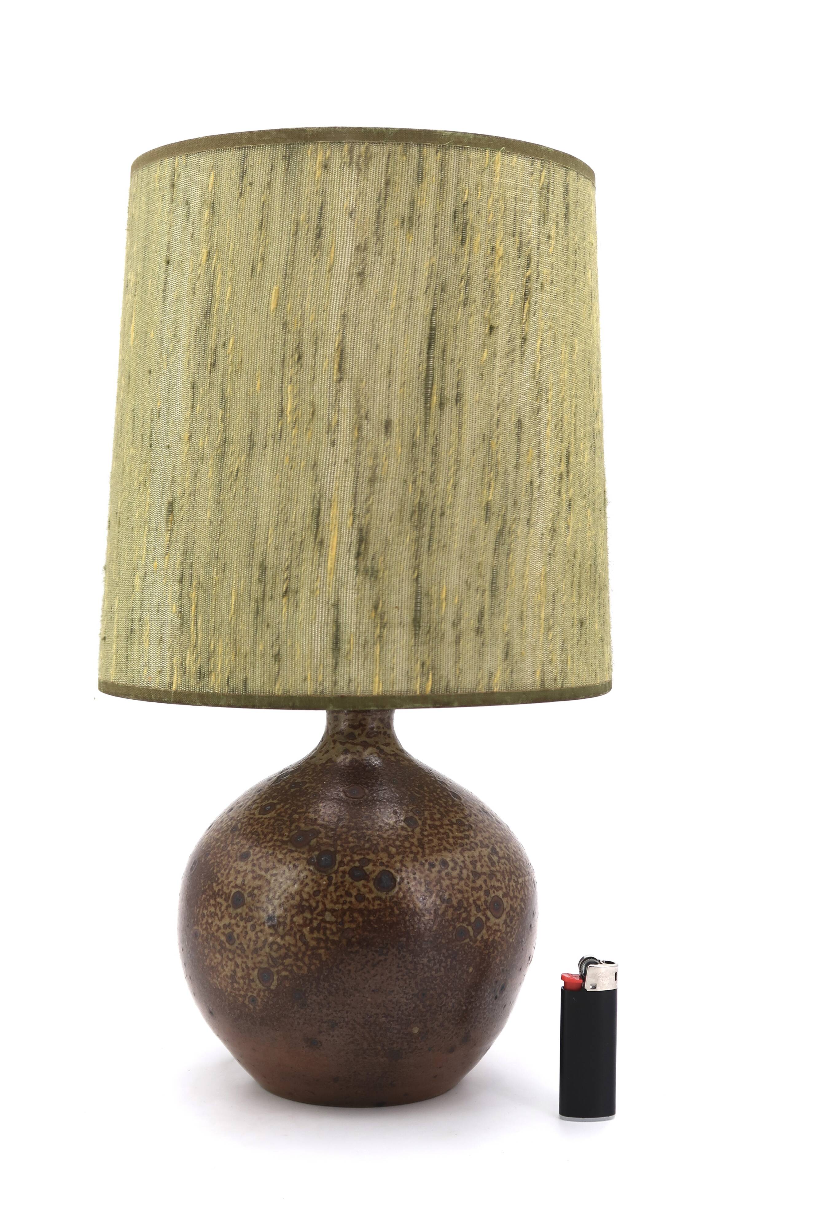 Stoneware lamp by Michel Dumont, green lampshade, 1970s