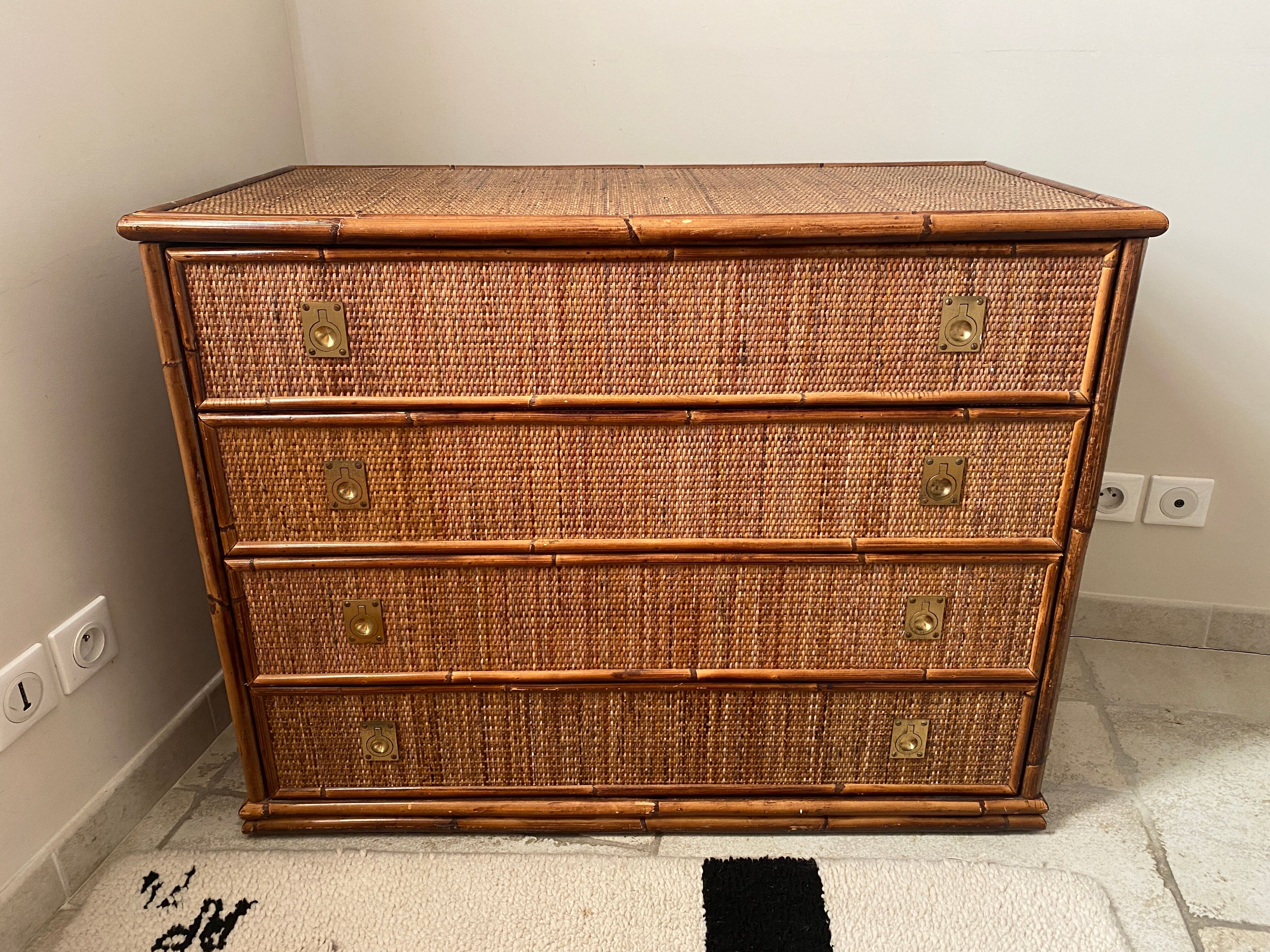 Dal Vera chest of drawers in woven rattan and bamboo Italian design 1970