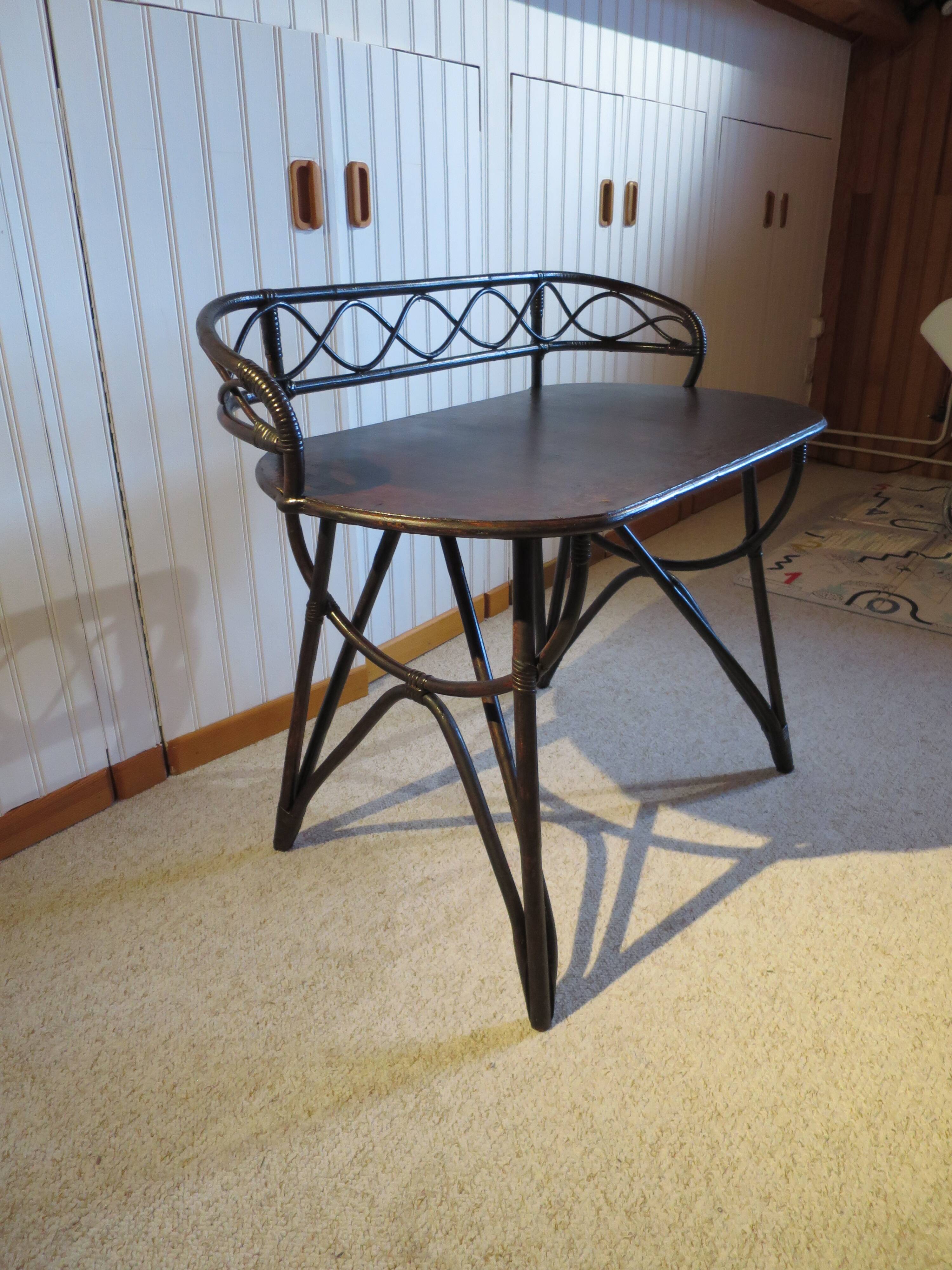 Vintage children's desk console bamboo rattan curved wood Thonet style 80s dark mahogany