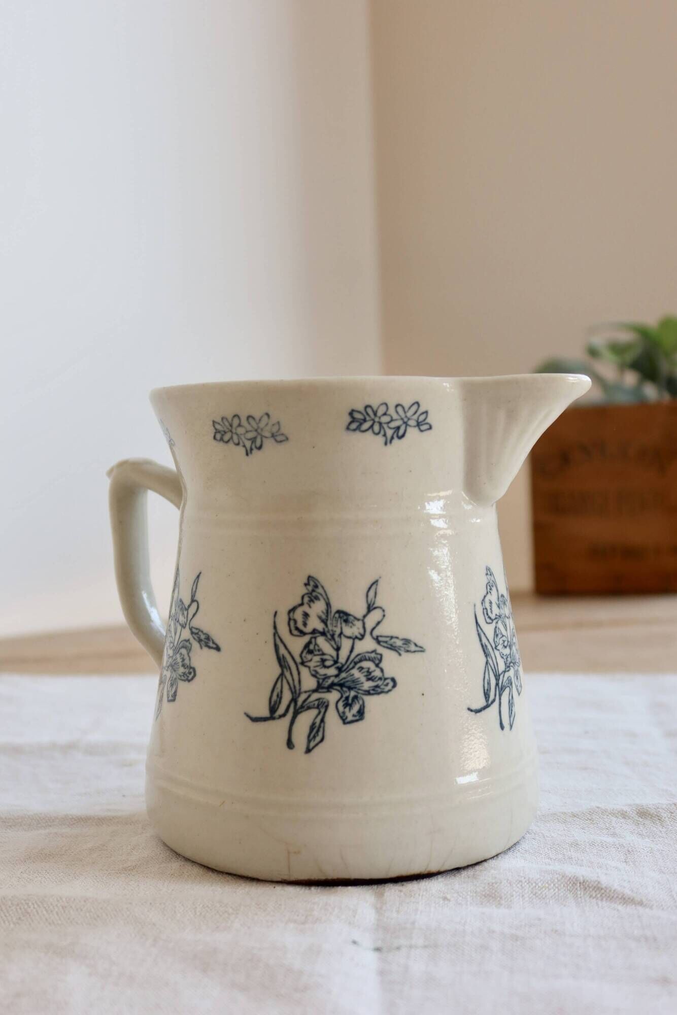 Large antique Saint-Uze pitcher / steel clay terrine Saint-Uze floral pattern