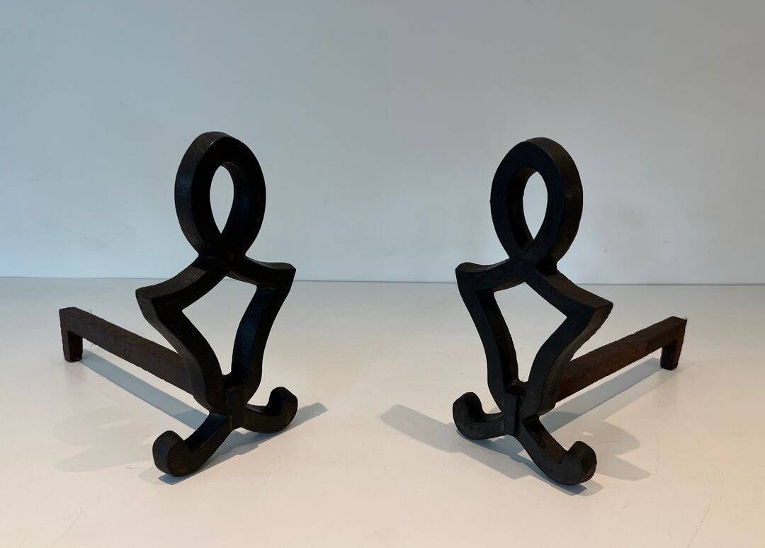 Pair of Cast Iron Chenets with Figurative Anthropomorphic Silhouette, by Raymon