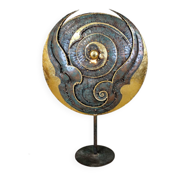 Unique Thai metal floor lamp with artistic gold leaf sculpture.