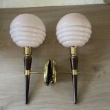 Pair of wall lights in wood, brass, and pink opaline.