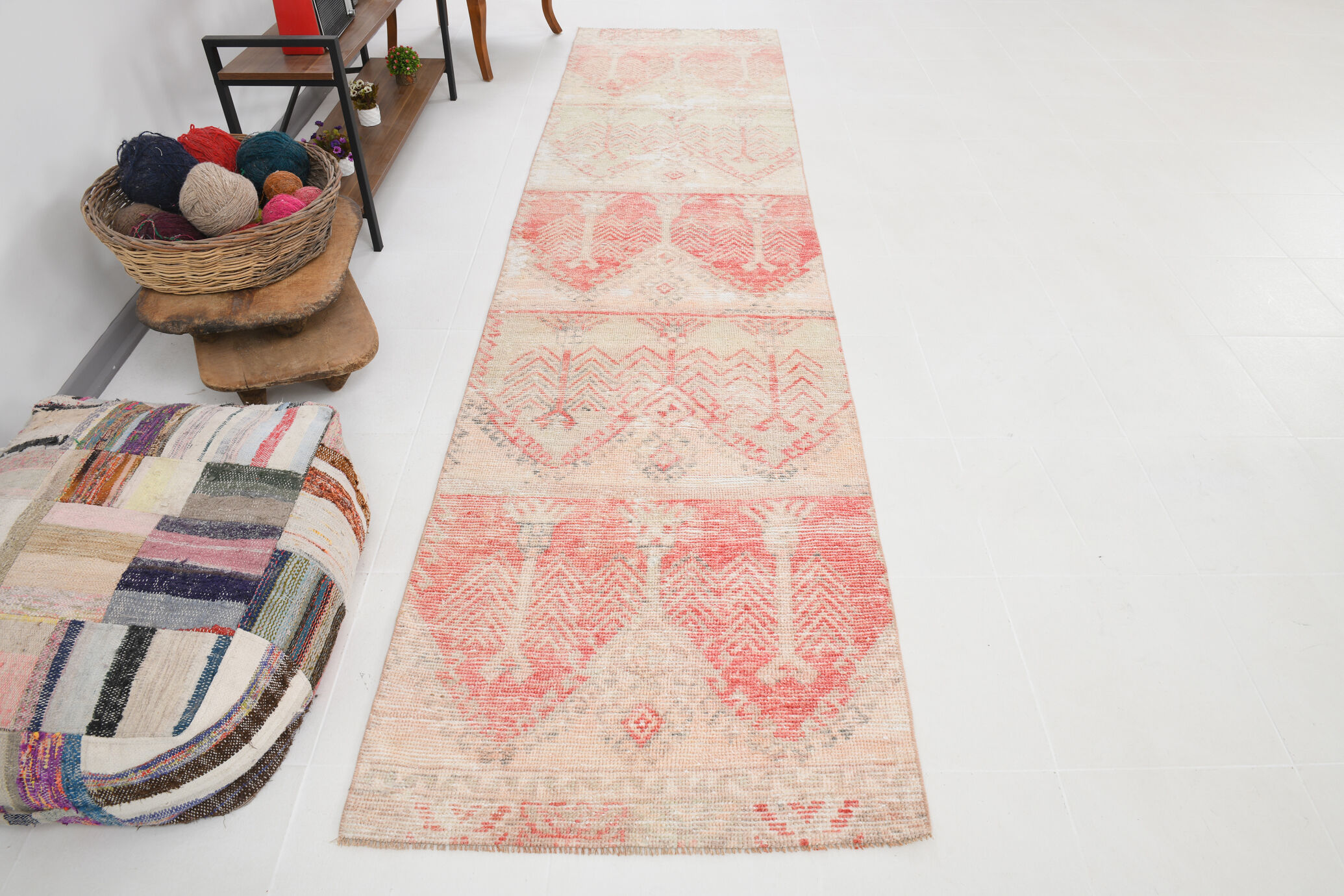 3x12 Red Beige Turkish Vintage Runner Rug,92x371Cm