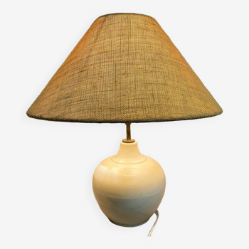 Farmhouse rustic white ceramic table lamp with burlap lampshade