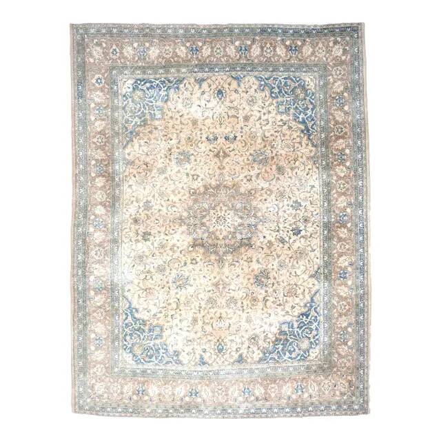 1970s Vintage Persian Handmade Wool Cotton Light Brown Area Rug 295x394
