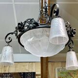 Art Deco chandelier in glass and wrought iron signed Muller Frères Luneville, 3 lights
