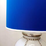 Longwy earthenware lamp and Klein blue lampshade
