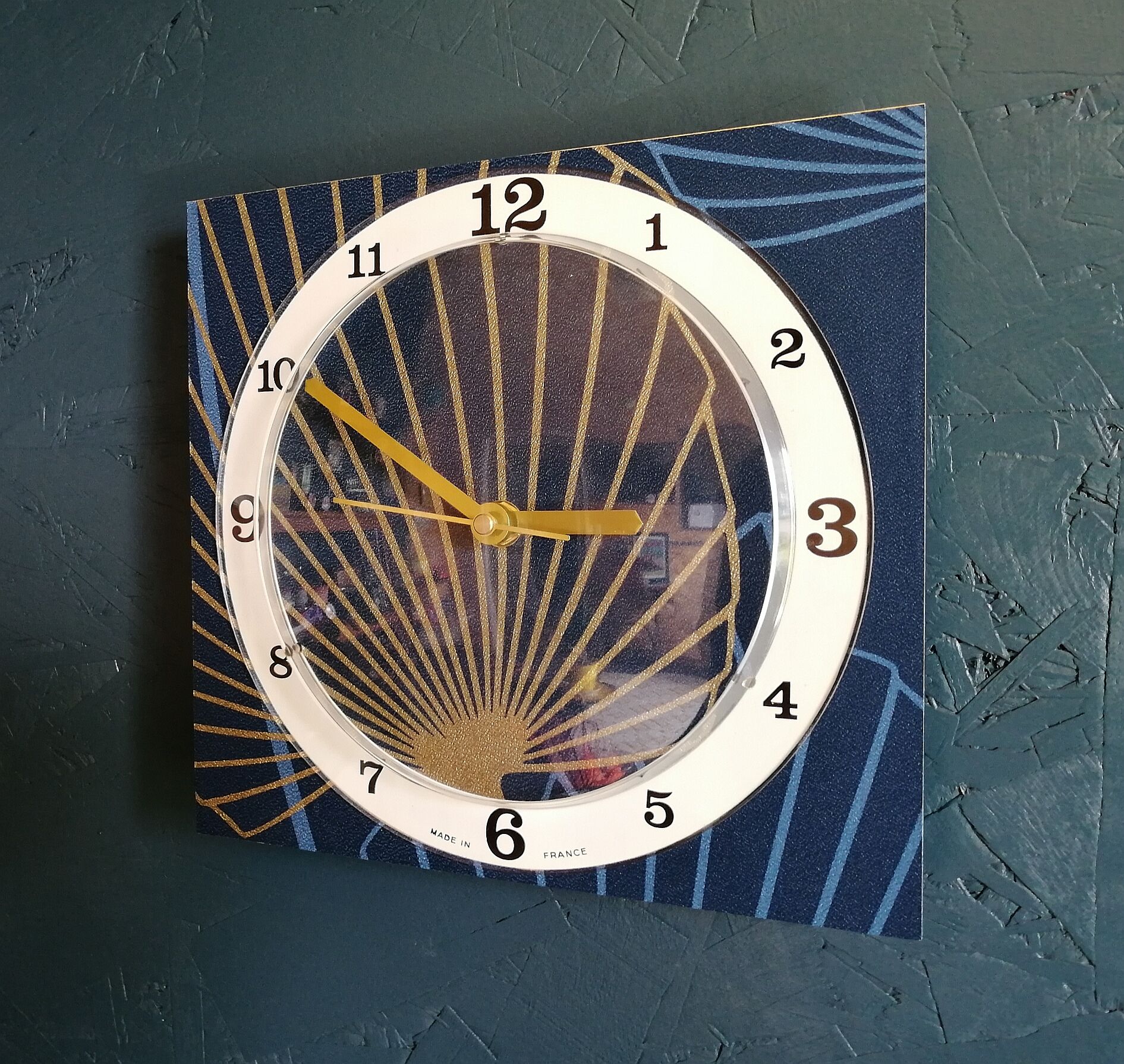 Vintage clock silent rectangular wall pendulum "golden blue vegetable"